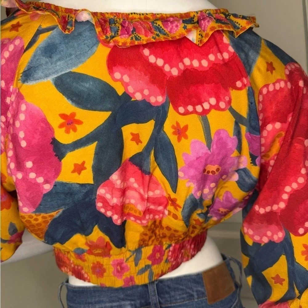 FARM Rio Floral Yellow and Pink Puff Sleeve Crop Blouse